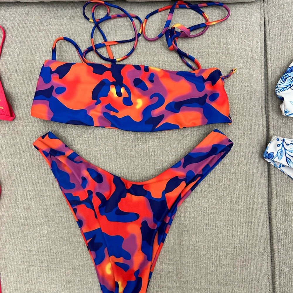 Two-Piece Camo Print Bikini in Bright Orange & Blue